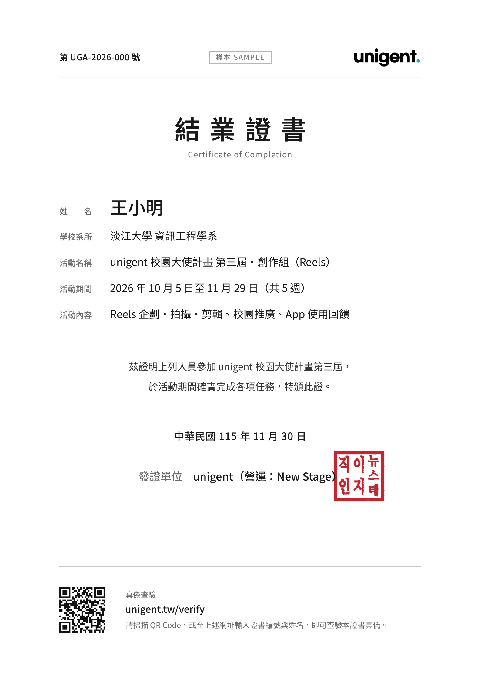 結業證書樣本:王小明,unigent 校園大使計畫第三屆・創作組(Reels),證書編號 UGA-2026-000,可掃描 QR Code 至 unigent.tw/verify 查驗